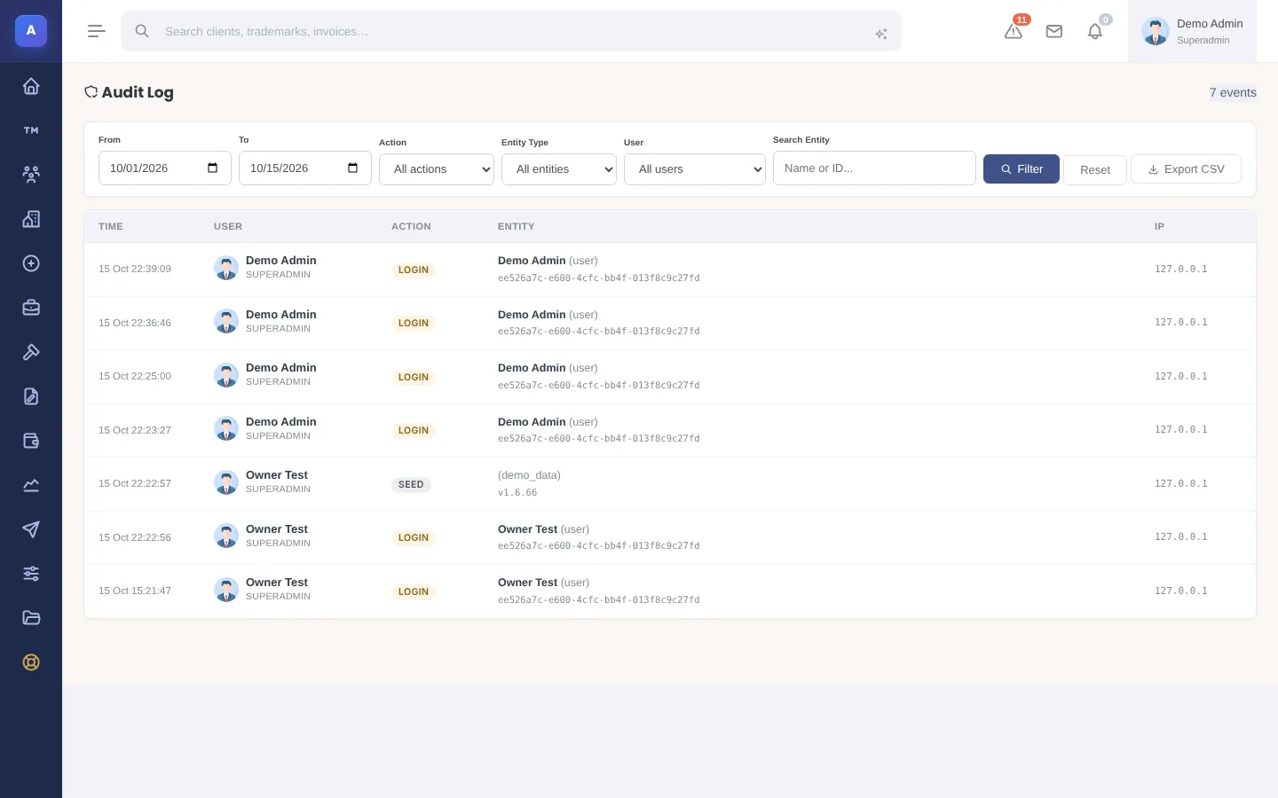 IPBases 2.1 audit log listing user actions with times (demo data)
