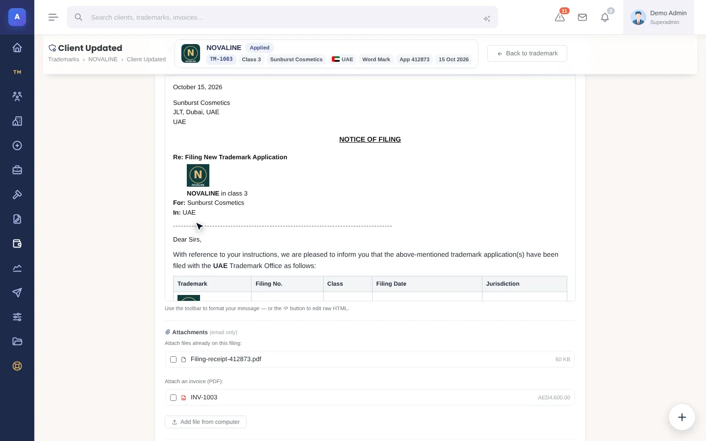 IPBases 2.1 notice of filing preview generated from a template (demo data)