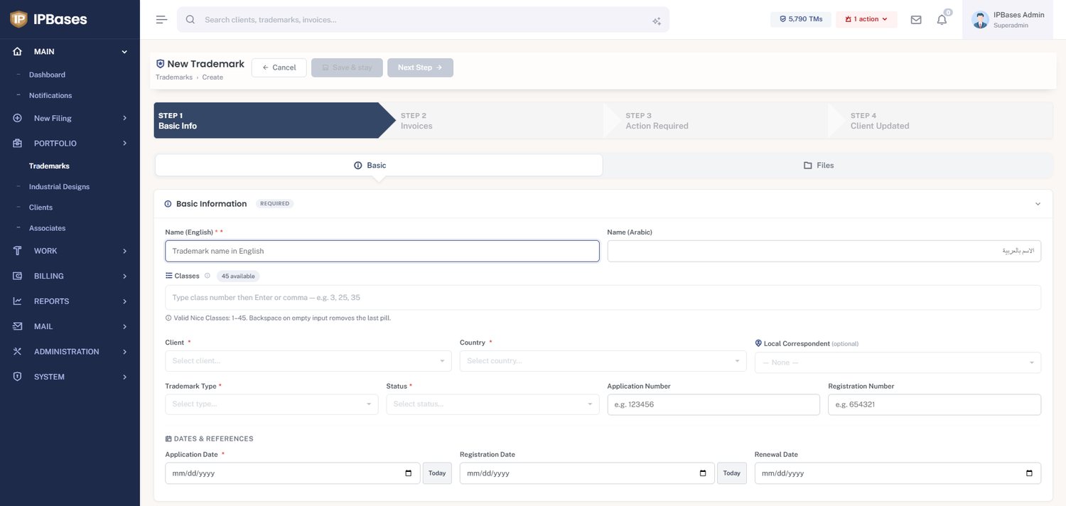 New Trademark wizard — Step 1, Basic Information form